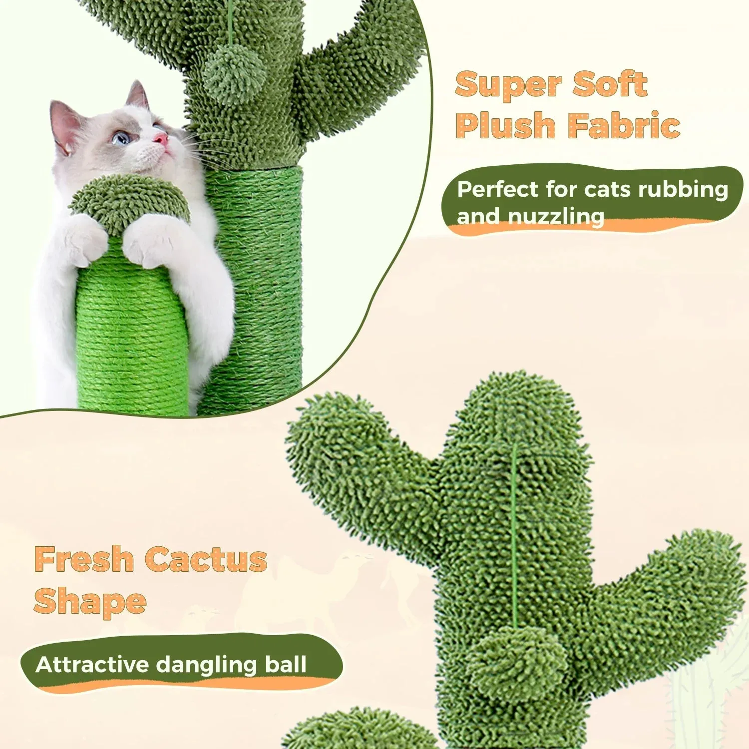 Cactus Cat Scratching Post with 3 Poles and Interactive Dangling Ball