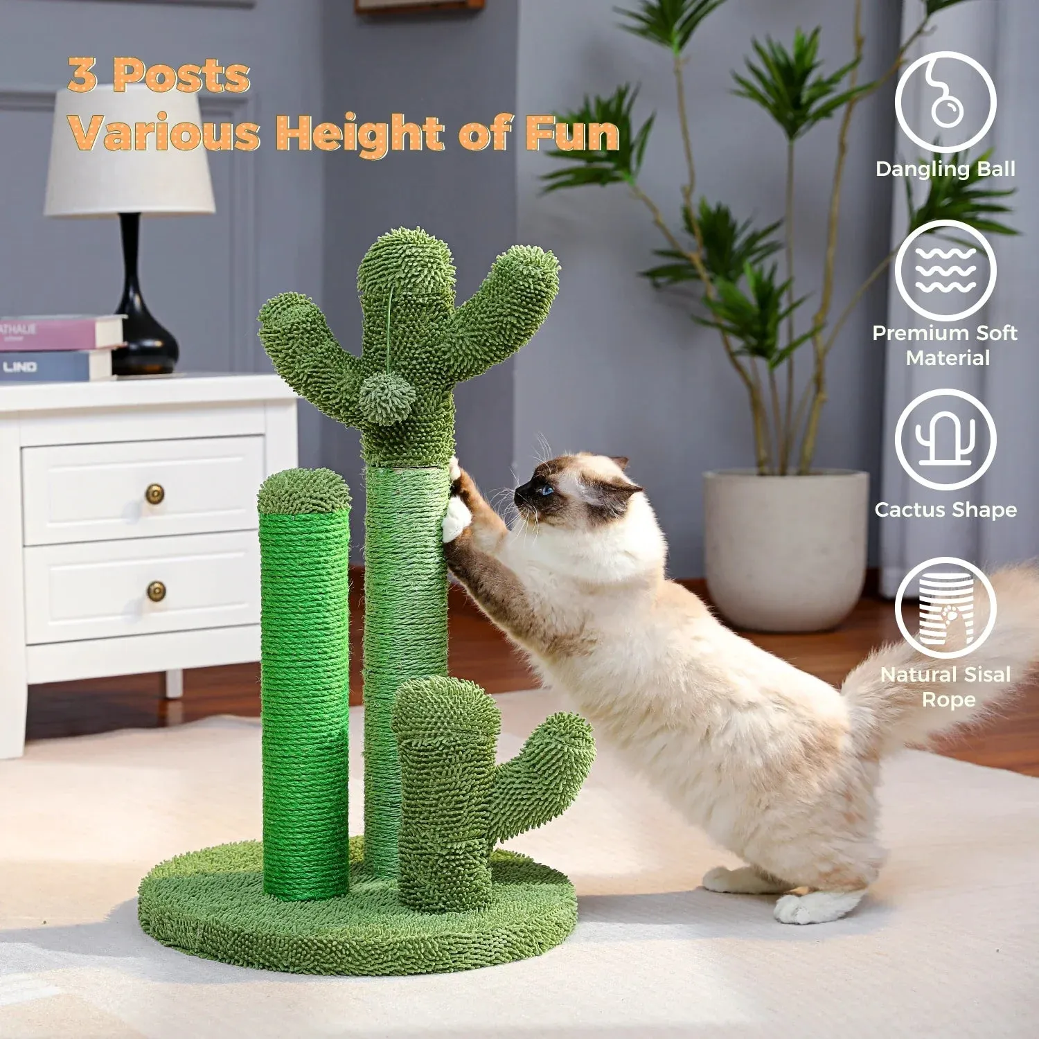 Cactus Cat Scratching Post with 3 Poles and Interactive Dangling Ball