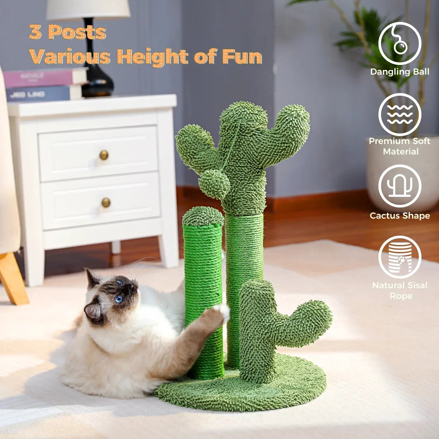 Cactus Cat Scratching Post with 3 Poles and Interactive Dangling Ball