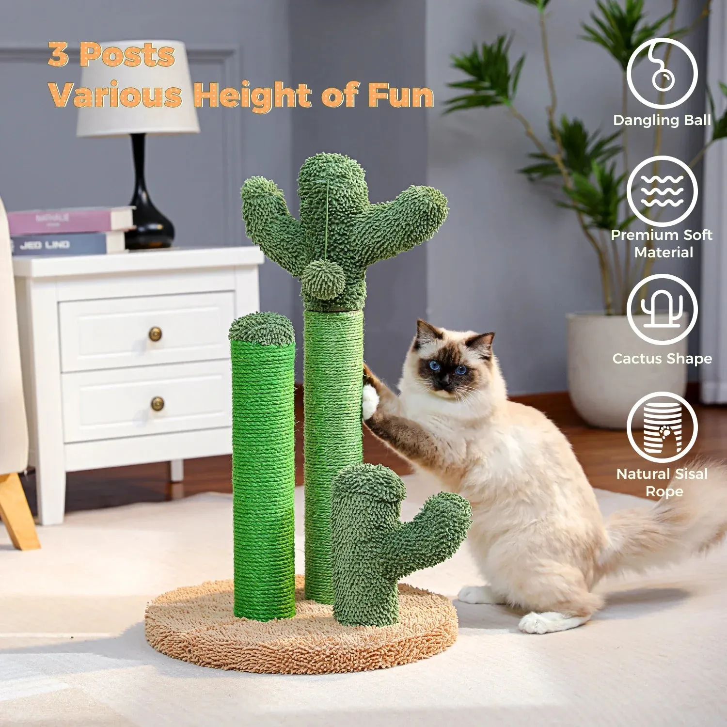 Cactus Cat Scratching Post with 3 Poles and Interactive Dangling Ball