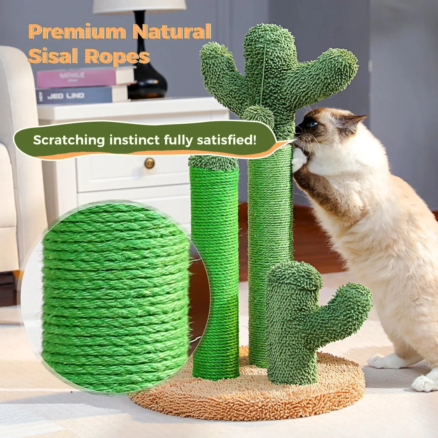 Cactus Cat Scratching Post with 3 Poles and Interactive Dangling Ball