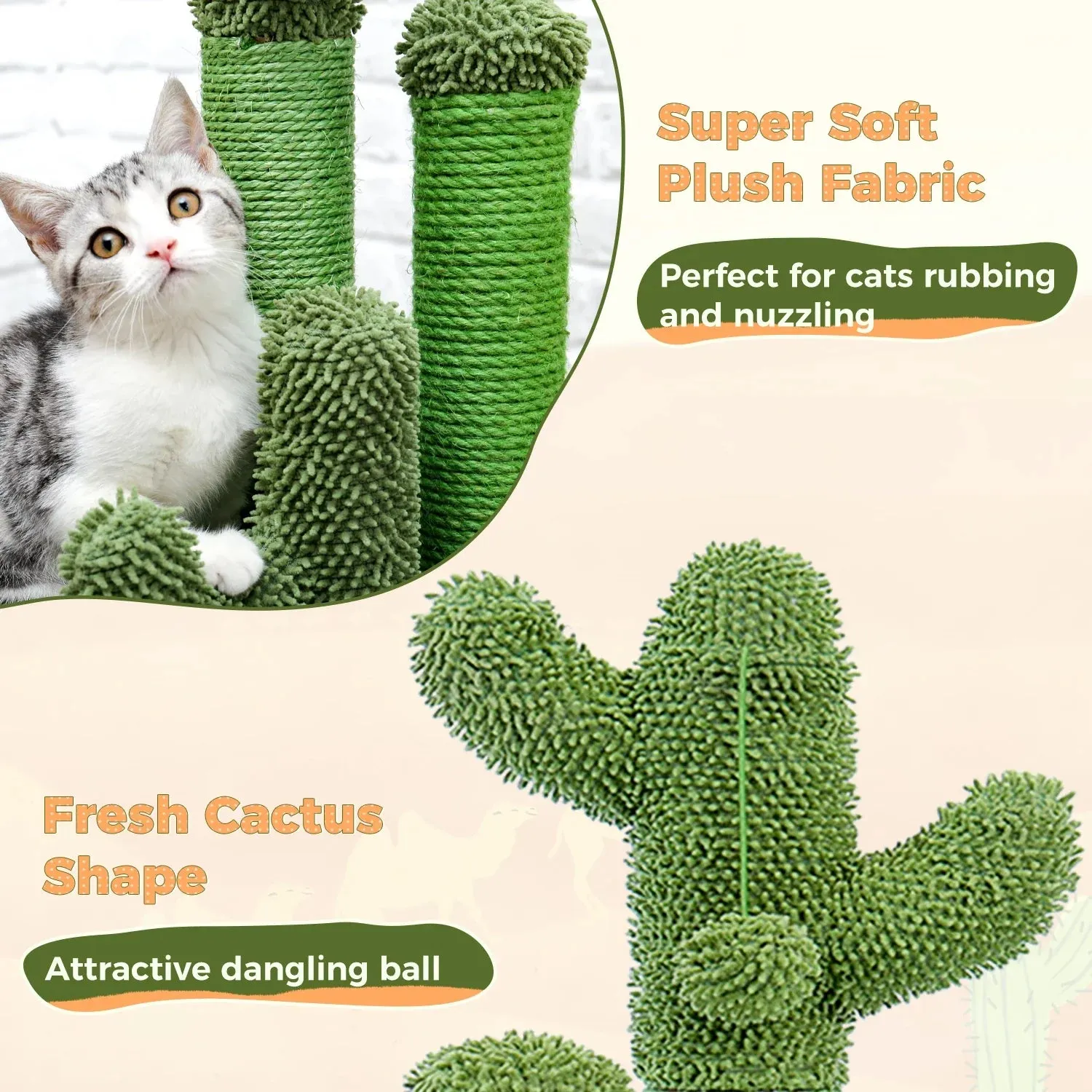 Cactus Cat Scratching Post with 3 Poles and Interactive Dangling Ball