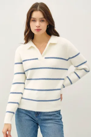 COLLARED FUZZY STRIPED V NECK SWEATER