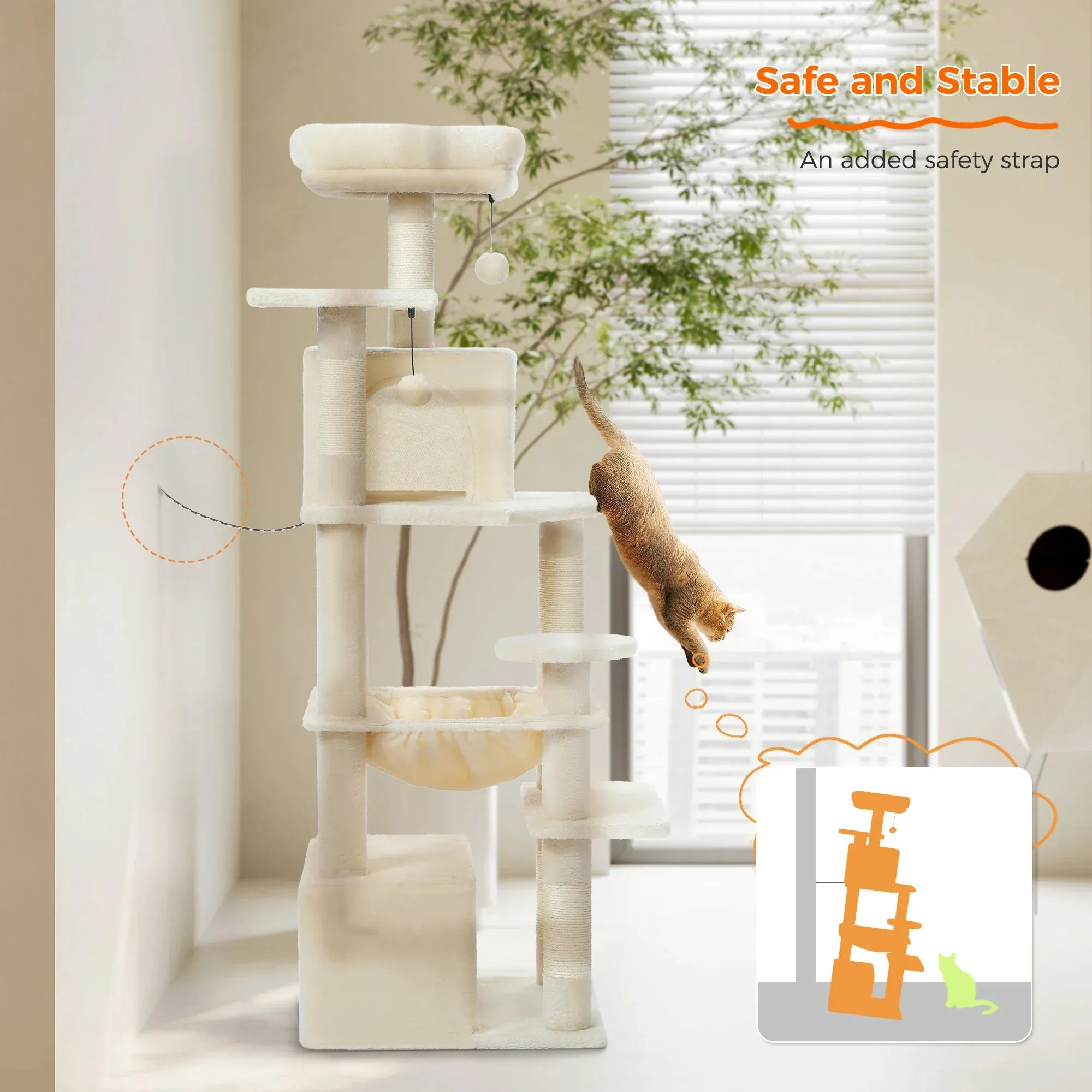 Deluxe Cat Tree Tower for Large Cats - 136cm Height with Hammocks, Condos, and Scratching Posts