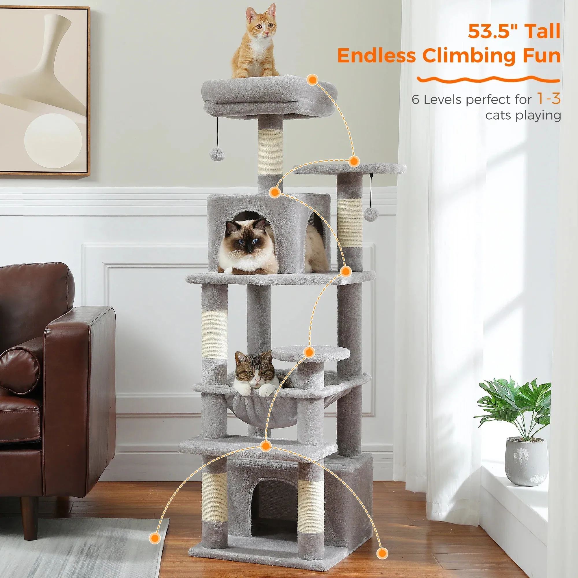 Deluxe Cat Tree Tower for Large Cats - 136cm Height with Hammocks, Condos, and Scratching Posts