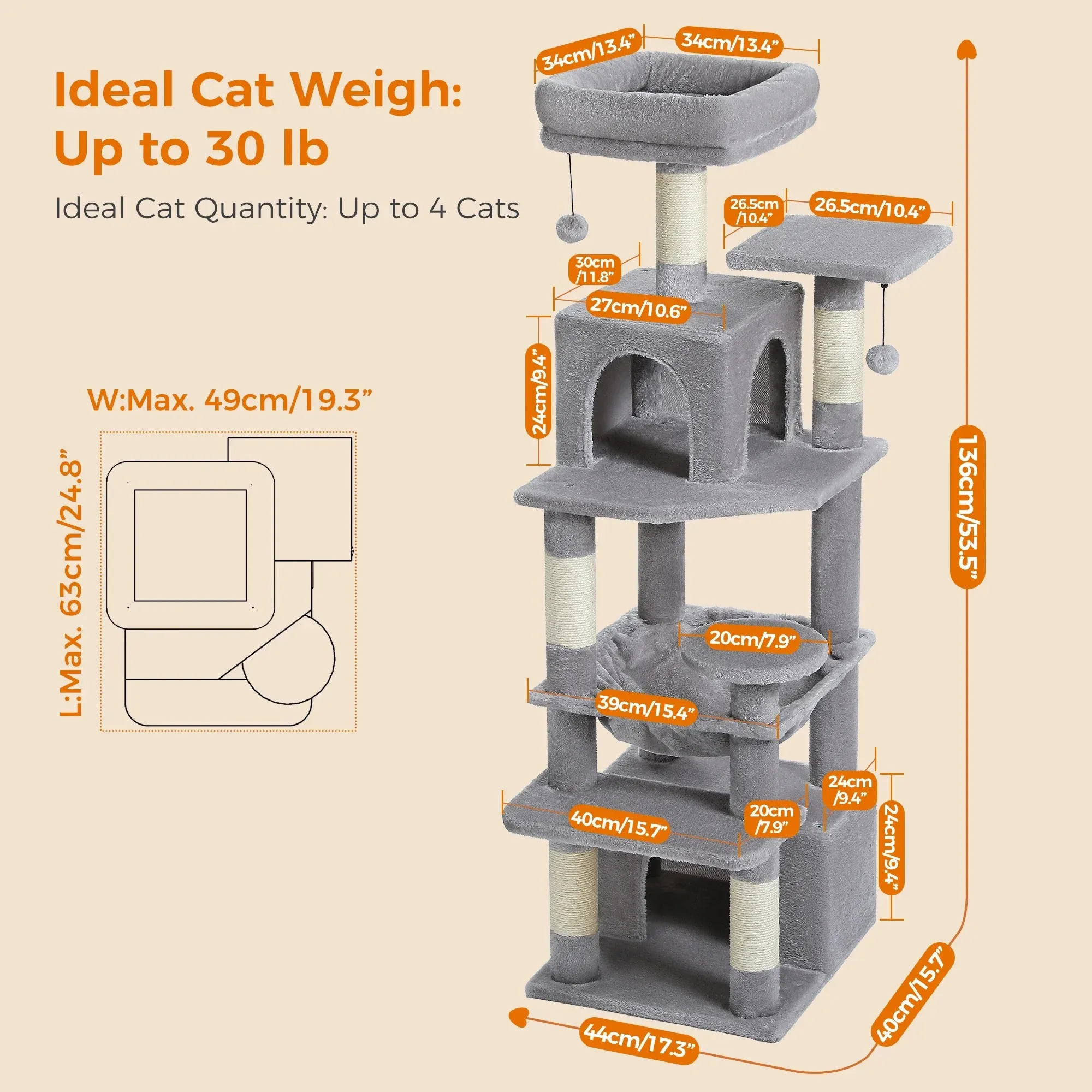 Deluxe Cat Tree Tower for Large Cats - 136cm Height with Hammocks, Condos, and Scratching Posts