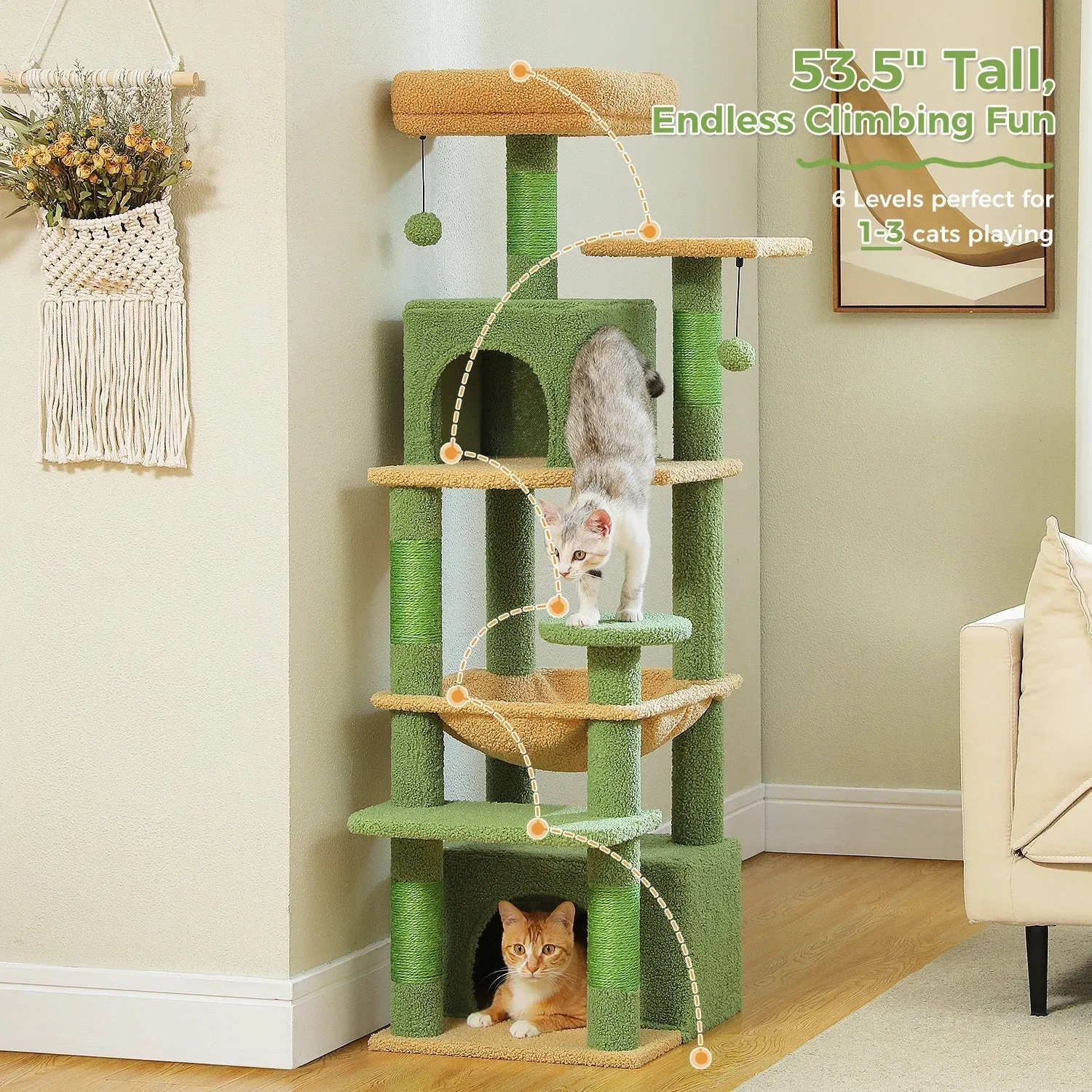 Deluxe Cat Tree Tower for Large Cats - 136cm Height with Hammocks, Condos, and Scratching Posts