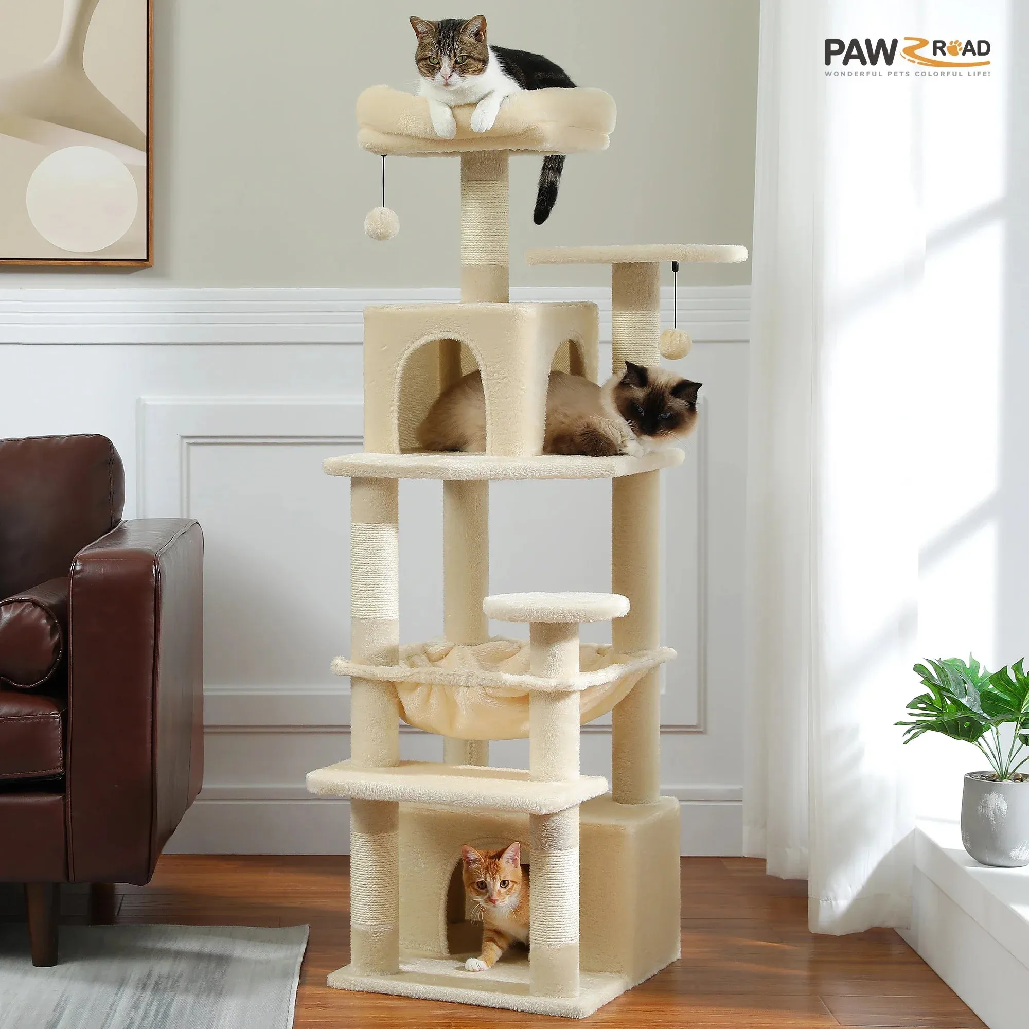 Deluxe Cat Tree Tower for Large Cats - 136cm Height with Hammocks, Condos, and Scratching Posts