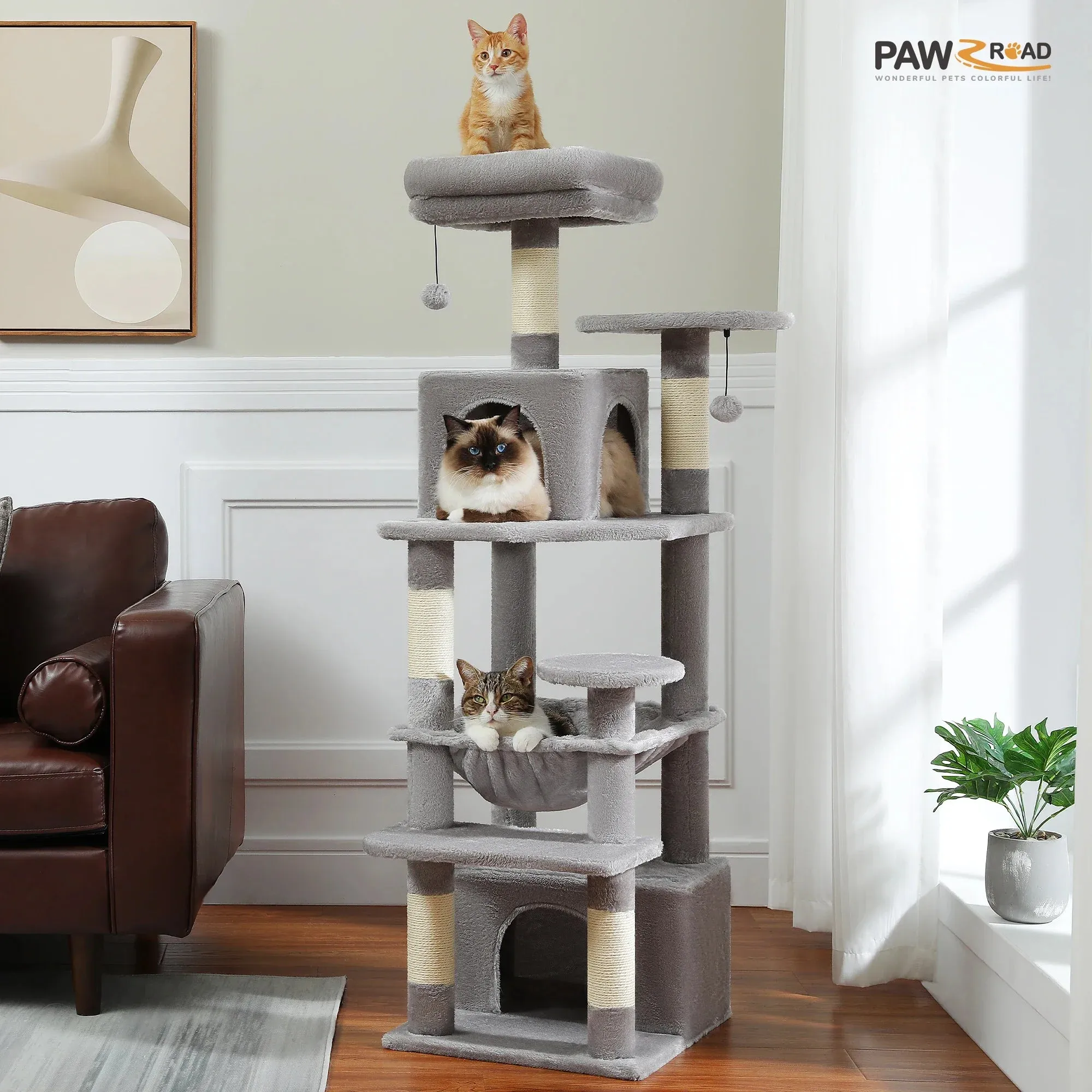 Deluxe Cat Tree Tower for Large Cats - 136cm Height with Hammocks, Condos, and Scratching Posts