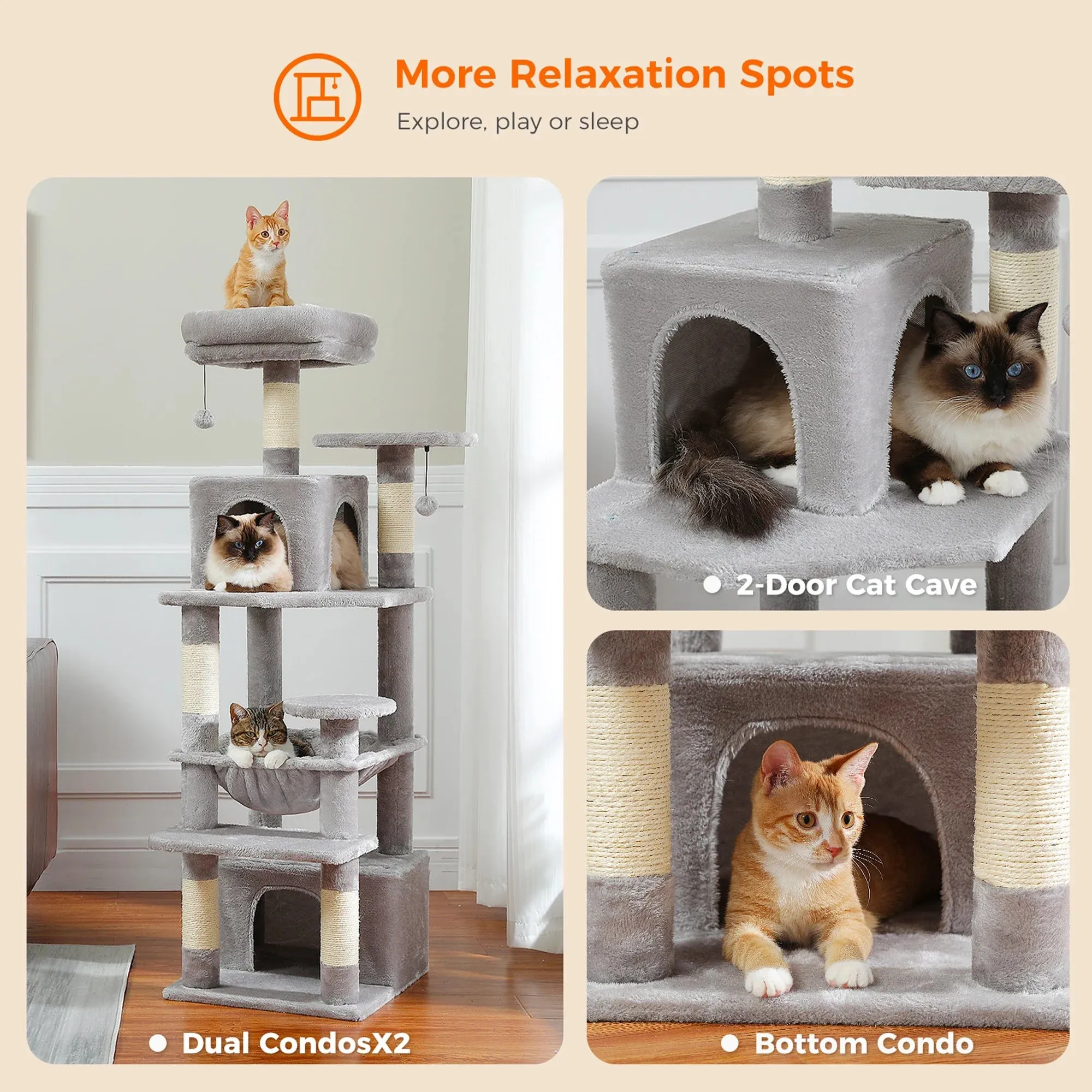 Deluxe Cat Tree Tower for Large Cats - 136cm Height with Hammocks, Condos, and Scratching Posts
