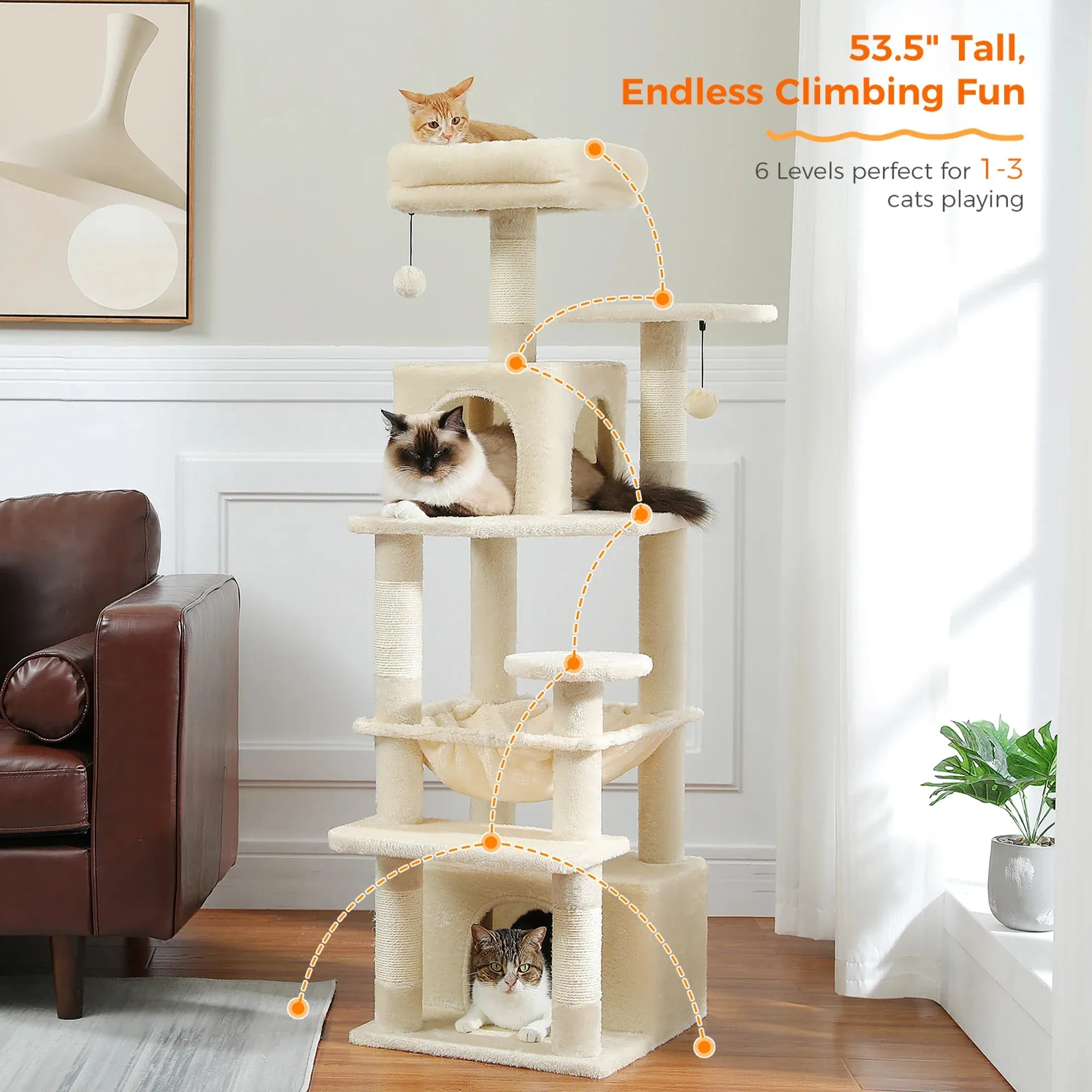 Deluxe Cat Tree Tower for Large Cats - 136cm Height with Hammocks, Condos, and Scratching Posts