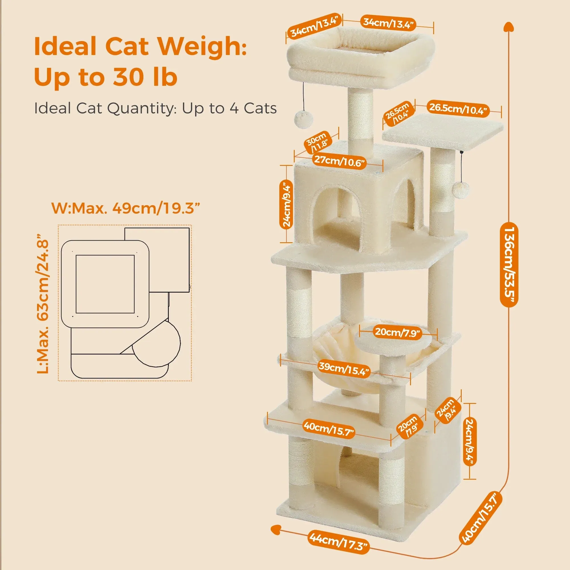 Deluxe Cat Tree Tower for Large Cats - 136cm Height with Hammocks, Condos, and Scratching Posts