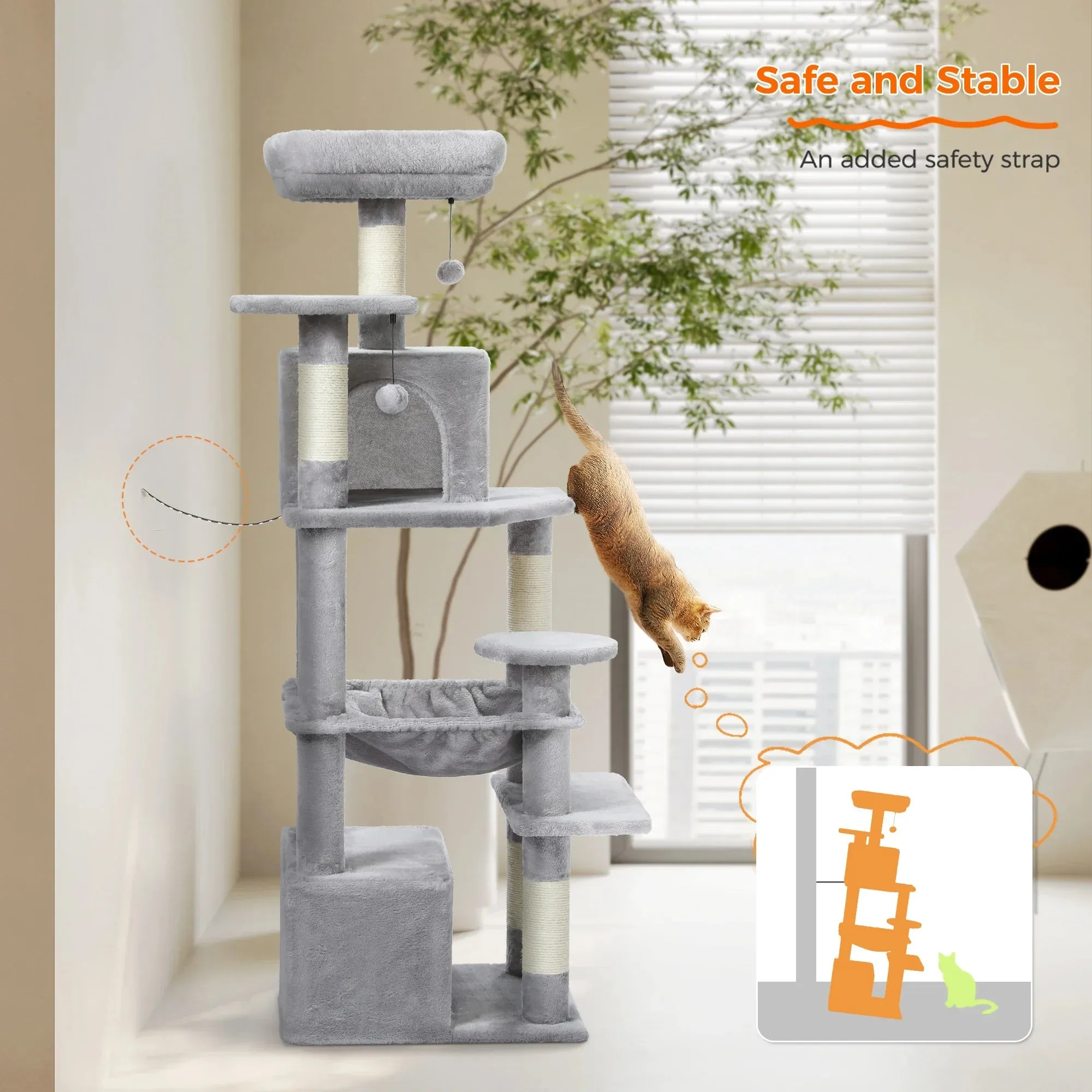 Deluxe Cat Tree Tower for Large Cats - 136cm Height with Hammocks, Condos, and Scratching Posts