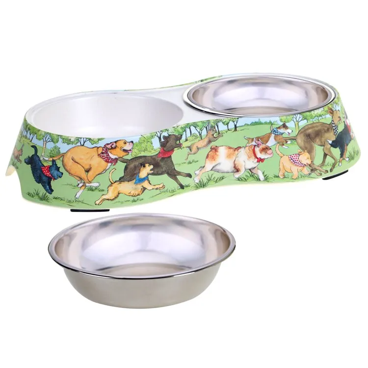 Dog Park Double Serve Bamboo Fiber Pet Bowl with Stainless Steel Insert