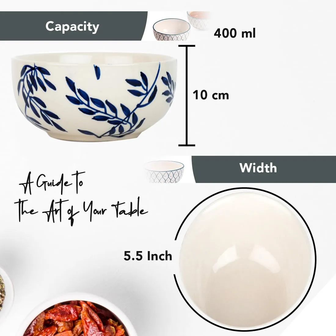 Ekhasa Ceramic Bowl Set for Kitchen (Microwave Safe, 2 Pcs, 400ml) | Ideal for Serving, Soup Bowl, Salad Bowl, Ramen Bowl, Pasta Bowl, Maggie Bowl, Noodle Bowl, Rice, Oats, Fruit Bowl