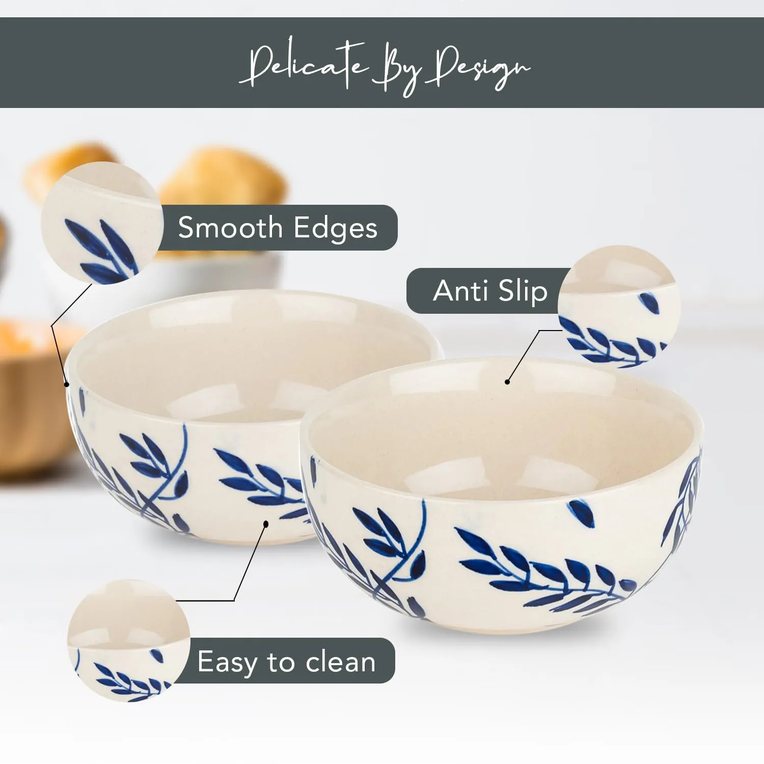 Ekhasa Ceramic Bowl Set for Kitchen (Microwave Safe, 2 Pcs, 400ml) | Ideal for Serving, Soup Bowl, Salad Bowl, Ramen Bowl, Pasta Bowl, Maggie Bowl, Noodle Bowl, Rice, Oats, Fruit Bowl
