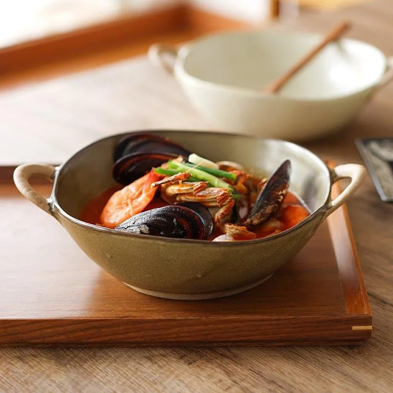 Handcrafted Japanese Ceramic Bowl With Handles