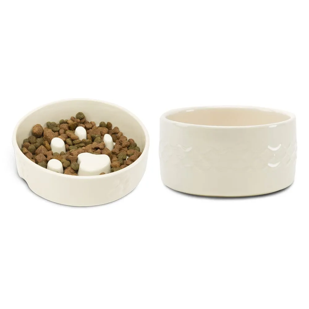 Icon 2 Piece Dog Slow Feeder & Water Bowl Set - 20cm - Cream