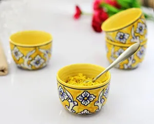 KITTENS Ceramic Maggi Bowl Hand Painted in Lemon Yellow - Set of 4